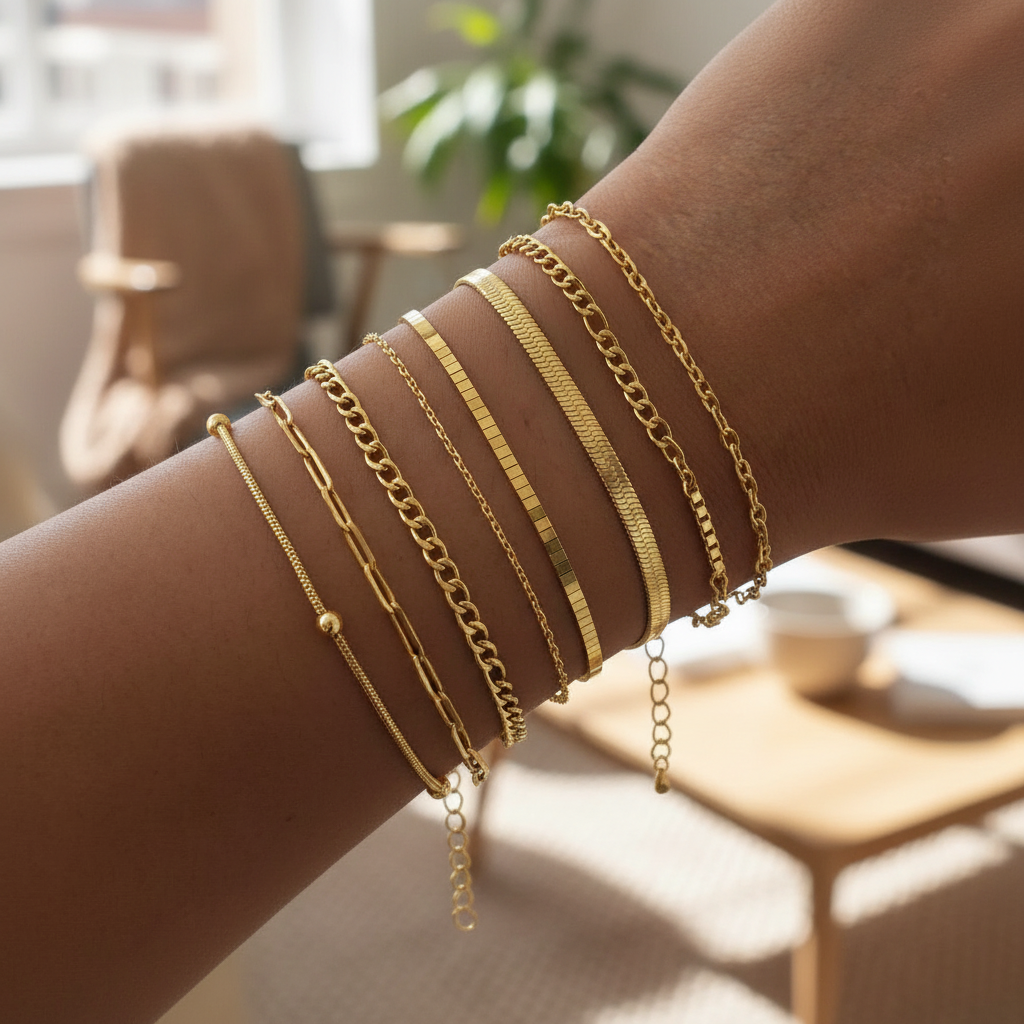 Non Tarnish Stainless Steel Bracelet Stackable for Women, Thin Herribone Chain Bracelet Waterproof Gold Plated Jewelry