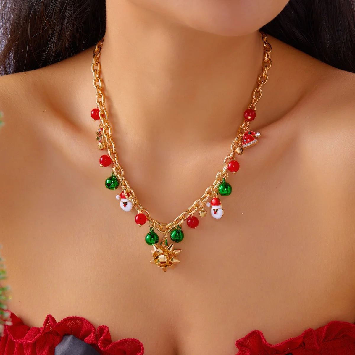 Christmas Necklace Snowflake Gingerbread Tree Snowman Reindeer Bell Soft Clay Crystal Beads Fringe Pendant Choker For Women Men