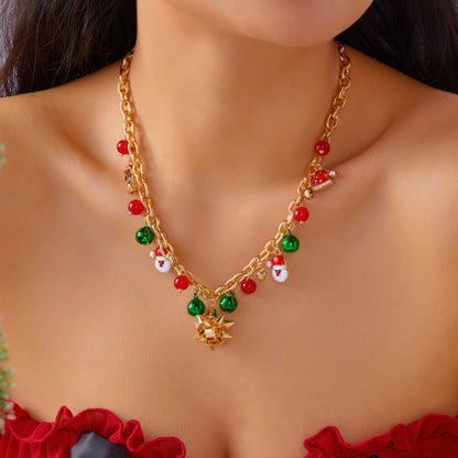 Christmas Necklace Snowflake Gingerbread Tree Snowman Reindeer Bell Soft Clay Crystal Beads Fringe Pendant Choker For Women Men