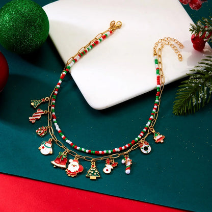 Christmas Necklace Snowflake Gingerbread Tree Snowman Reindeer Bell Soft Clay Crystal Beads Fringe Pendant Choker For Women Men