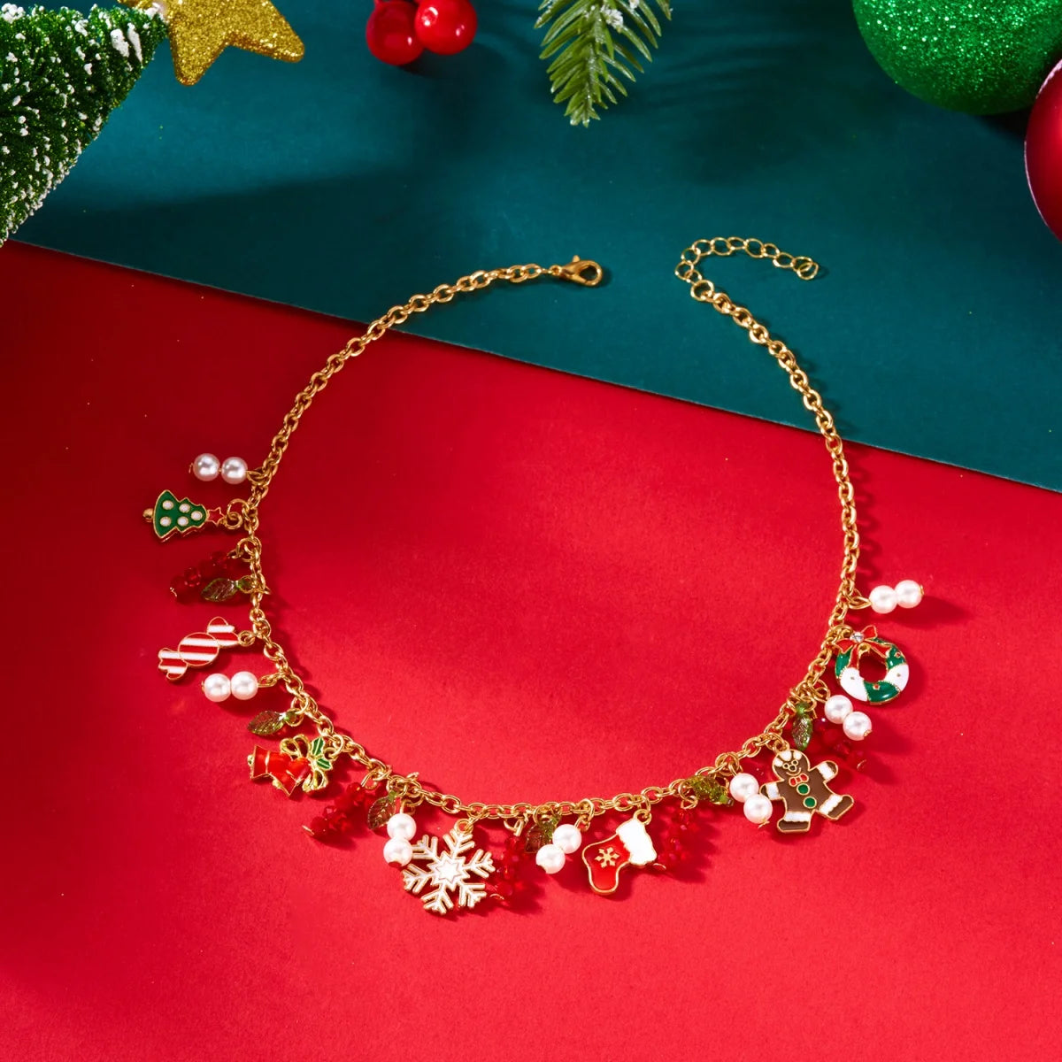 Christmas Necklace Snowflake Gingerbread Tree Snowman Reindeer Bell Soft Clay Crystal Beads Fringe Pendant Choker For Women Men