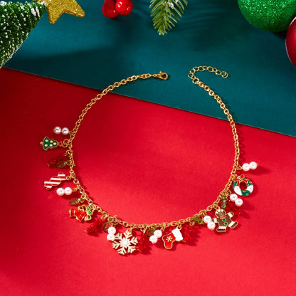 Christmas Necklace Snowflake Gingerbread Tree Snowman Reindeer Bell Soft Clay Crystal Beads Fringe Pendant Choker For Women Men