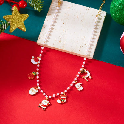 Christmas Necklace Snowflake Gingerbread Tree Snowman Reindeer Bell Soft Clay Crystal Beads Fringe Pendant Choker For Women Men