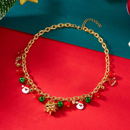 Christmas Necklace Snowflake Gingerbread Tree Snowman Reindeer Bell Soft Clay Crystal Beads Fringe Pendant Choker For Women Men