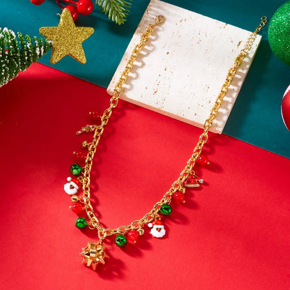 Christmas Necklace Snowflake Gingerbread Tree Snowman Reindeer Bell Soft Clay Crystal Beads Fringe Pendant Choker For Women Men