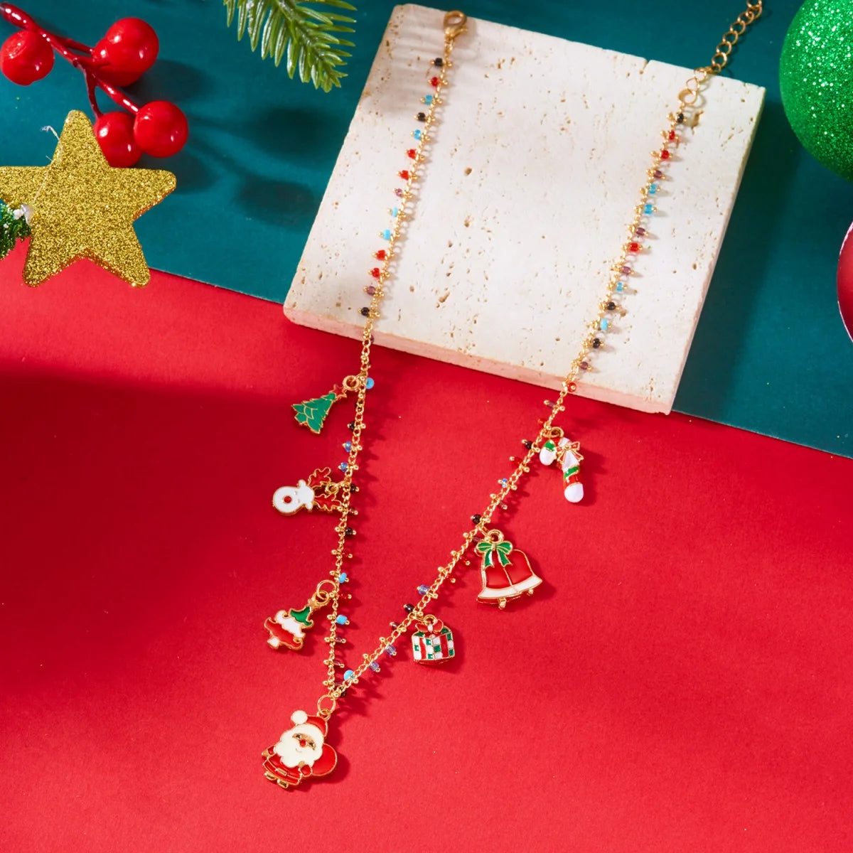 Christmas Necklace Snowflake Gingerbread Tree Snowman Reindeer Bell Soft Clay Crystal Beads Fringe Pendant Choker For Women Men