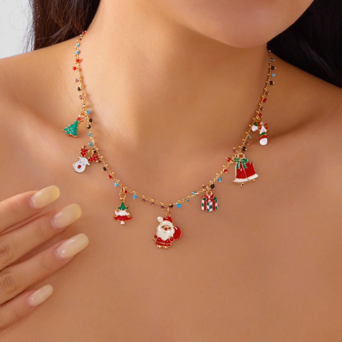Christmas Necklace Snowflake Gingerbread Tree Snowman Reindeer Bell Soft Clay Crystal Beads Fringe Pendant Choker For Women Men