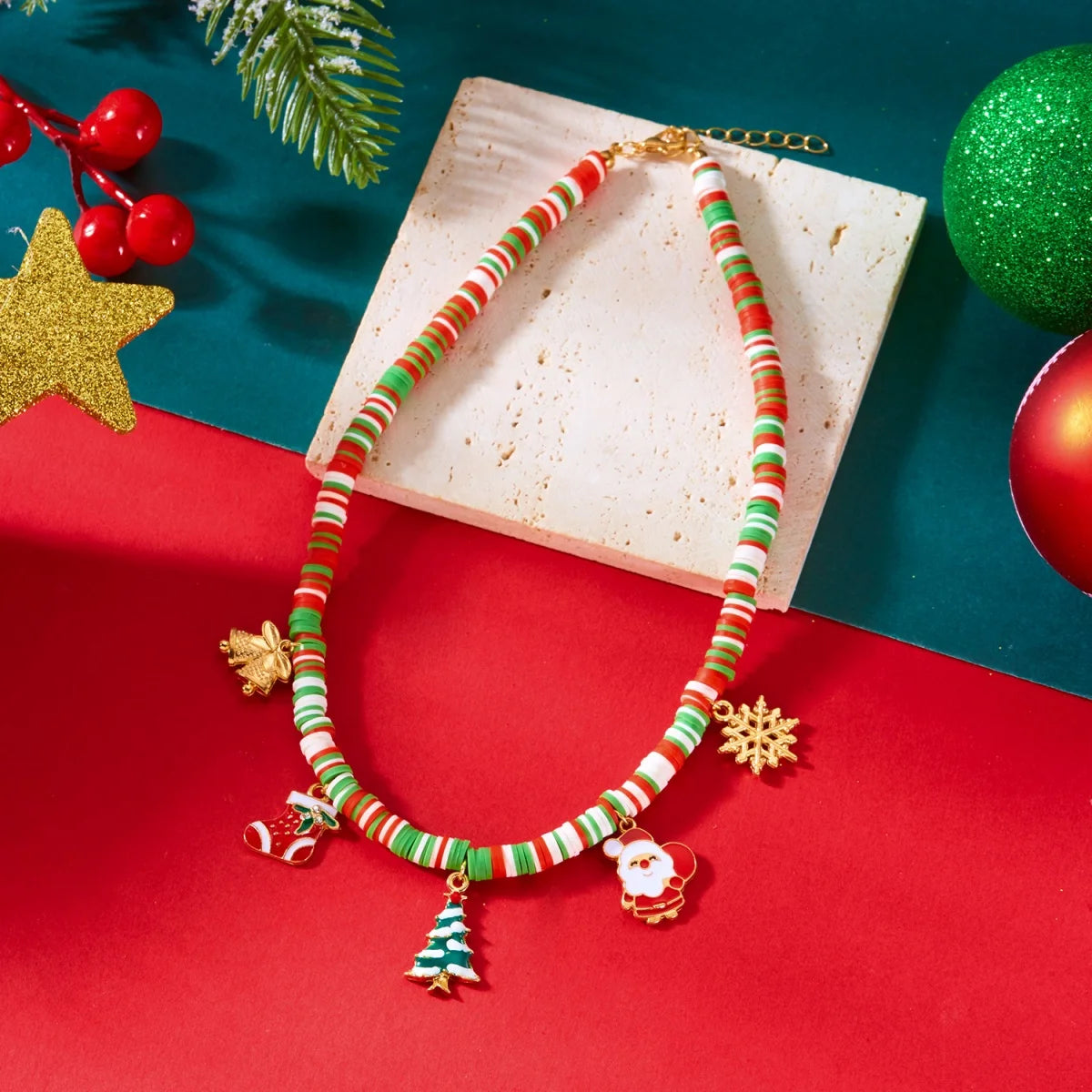 Christmas Necklace Snowflake Gingerbread Tree Snowman Reindeer Bell Soft Clay Crystal Beads Fringe Pendant Choker For Women Men