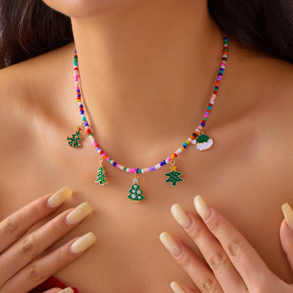 Christmas Necklace Snowflake Gingerbread Tree Snowman Reindeer Bell Soft Clay Crystal Beads Fringe Pendant Choker For Women Men