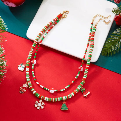 Christmas Necklace Snowflake Gingerbread Tree Snowman Reindeer Bell Soft Clay Crystal Beads Fringe Pendant Choker For Women Men