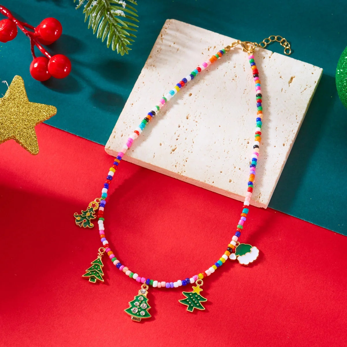 Christmas Necklace Snowflake Gingerbread Tree Snowman Reindeer Bell Soft Clay Crystal Beads Fringe Pendant Choker For Women Men