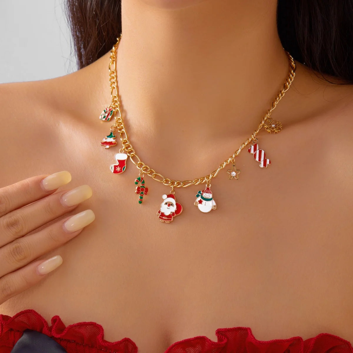 Christmas Necklace Snowflake Gingerbread Tree Snowman Reindeer Bell Soft Clay Crystal Beads Fringe Pendant Choker For Women Men