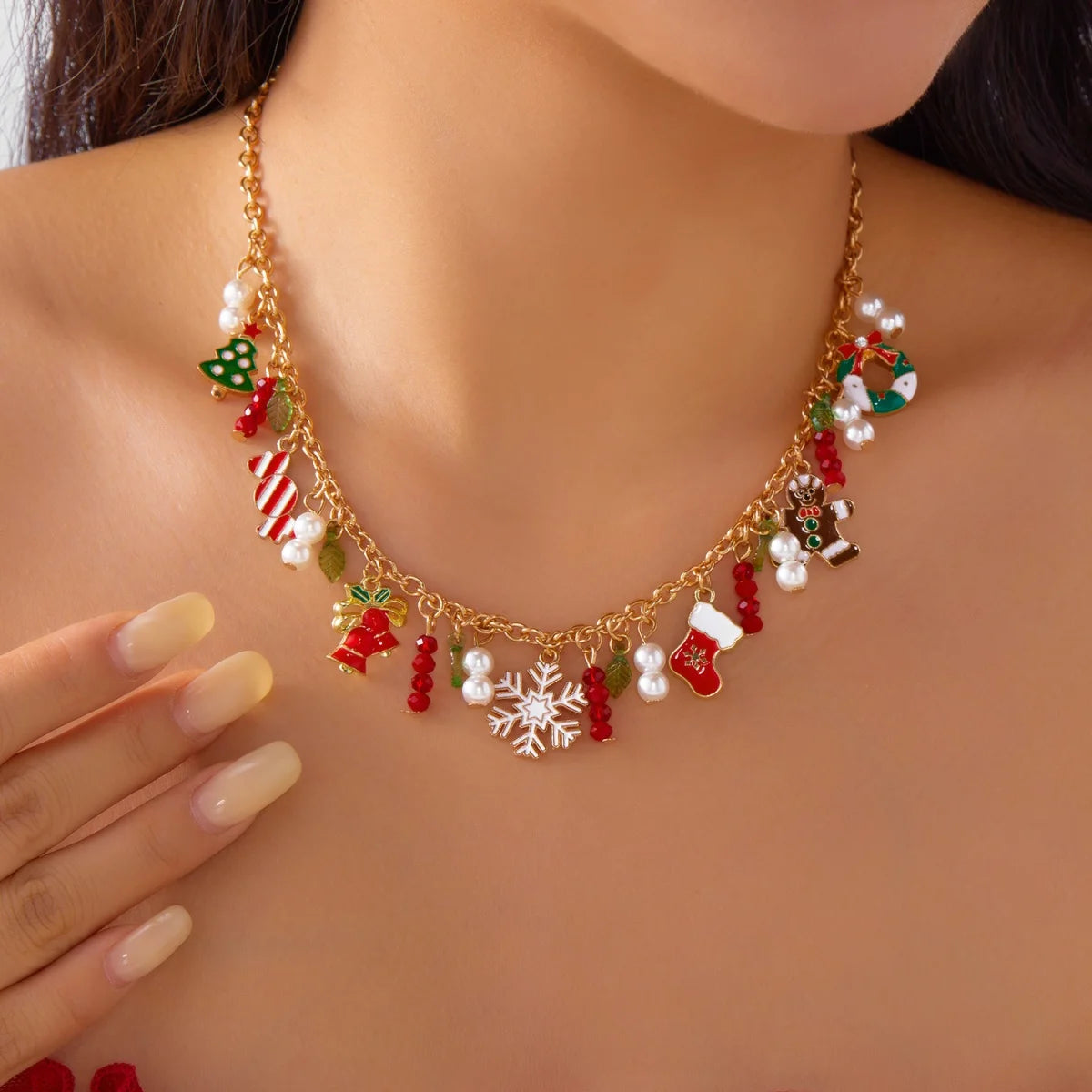 Christmas Necklace Snowflake Gingerbread Tree Snowman Reindeer Bell Soft Clay Crystal Beads Fringe Pendant Choker For Women Men