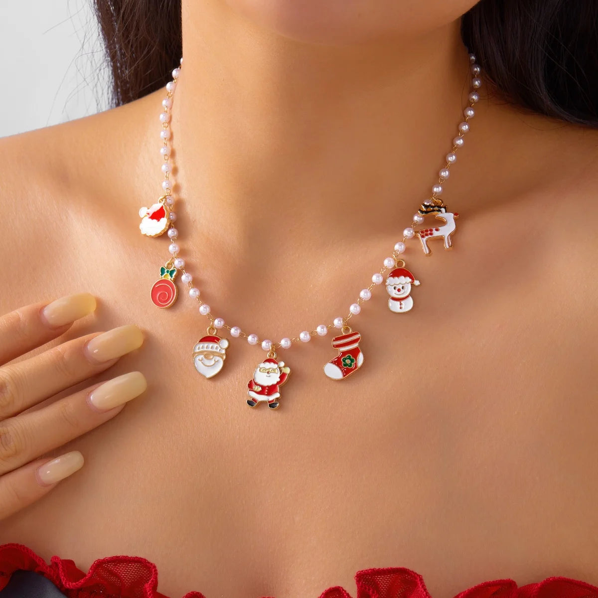 Christmas Necklace Snowflake Gingerbread Tree Snowman Reindeer Bell Soft Clay Crystal Beads Fringe Pendant Choker For Women Men