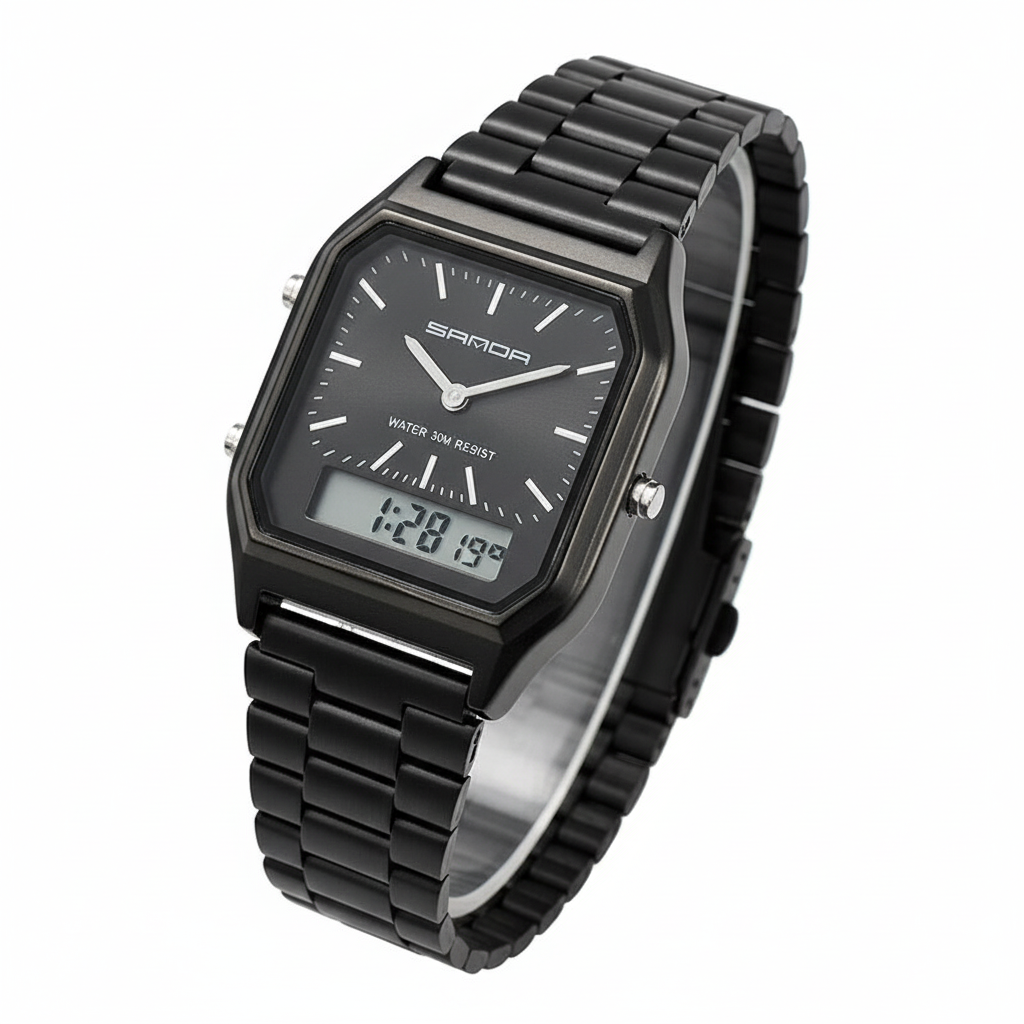 SANDA Luxury Mens G Style Watches Stainless Steel Women LED Digital Dual Display Clock Unisex Waterproof Sports Quartz Watch